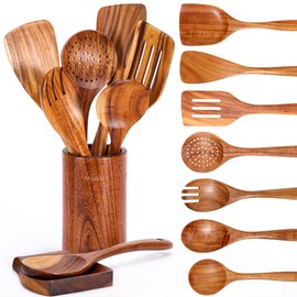 9 PCS Wooden Spoons for Cooking, Wooden Utensils for Cooking with Utensils Holder, Natural Teak Wooden Kitchen Utensils Set with Spoon Rest, Comfort G