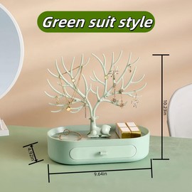 RYOLOY Antler Jewelry Display Rack with Drawers, Jewelry Rack Tree Stand Tower Organizer. for Earrings, Necklaces, Bracelets and Rings (green)