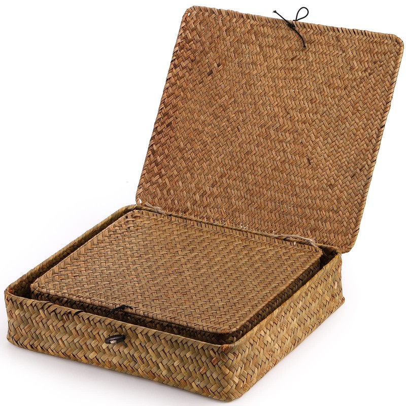 Elsjoy 2 Pack Seagrass Baskets with Lid, Wicker Storage Baskets