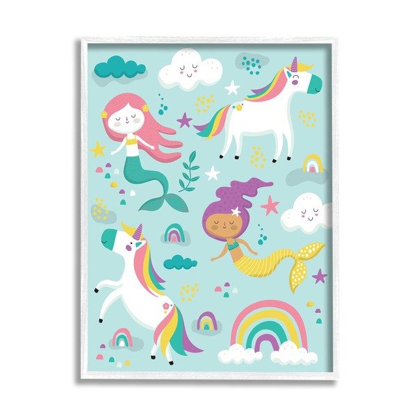 Stupell Industries Mermaid and Unicorn Rainbow Collage Kids' Fantasy Illustration,