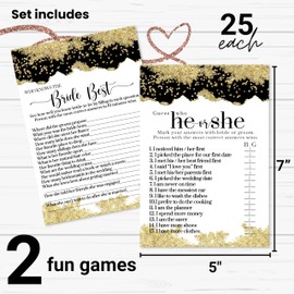 Schwarz und Gold Brautdusche Spiele für 25 Gäste, doppelseitige Hochzeitsspiele mit He or She Said and Who Knows Bride Best for Engagement Party, Couples, Coed, Reception Modern Cards 5x7