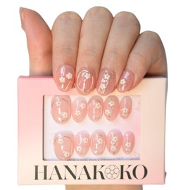 Hanakoko Press on Nails Handmade Nails 3D Press on Nails Short Medium Oval Almond Nails Fake Nails Glitter Cat Eye Nails Gel Nails Durable Reusable False Nails 10 Pcs (Akana Nude, S)
