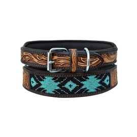 Leather Dog Collar Western Style Heavy Duty Hand Tooled Adjustable Beaded and Padded Soft for Puppies and Big Dogs 10AB009 (Extra Large (Middle Notch at 27"))