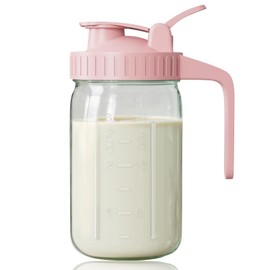 Breast Milk Pitcher, Mason Jar 32 oz, Heavy Duty Wide Mouth Jar with Pink Flip Cap Lid and Pour Spout, Airtight Seal for Freshness and Convenience, Great for Cold Beverages and Home Entertaining