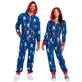 Tipsy Elves Christmas Onesies for Adults - Comfy Unisex Matching Holiday Jumpsuits with Convenient Pockets - Blue Yuletide Yeti Christmas Jumpsuit Size X-Small