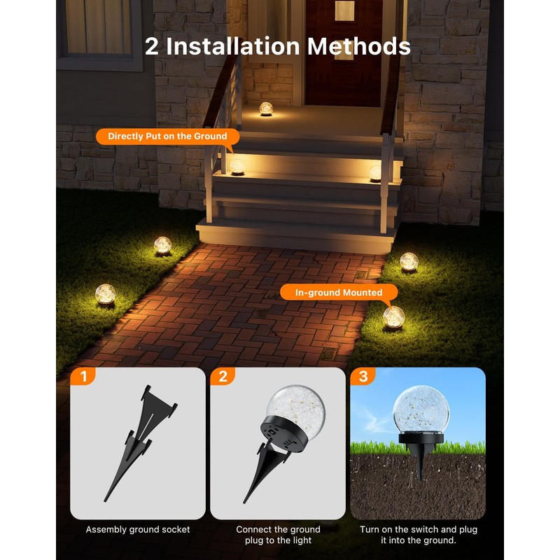 4 Pack Warm White Solar Powered Cracked Glass Globe LED