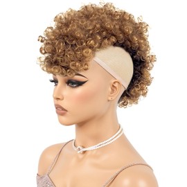 Rafabcici Mohawk Wig for Black Women – Short Kinky Curly Afro Puff Wig, Synthetic Fluffy Ponytail Hairpiece with Adjustable Straps for Daily Wear, Party, Cosplay (T1B/30)