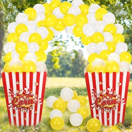 Sosation Giant Popcorn Box Cardboard Stand up with Balloons Movie 3D Popcorn Box Cardboard Stand up and Yellow White Balloons Carnival Decorations for Movie Night Themed Party(2 Pack)