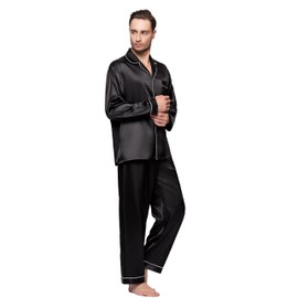 Lavenderi Men's Long Sleeve Silk Satin Pajama Set, Silky Pajamas Sleepwear Black
