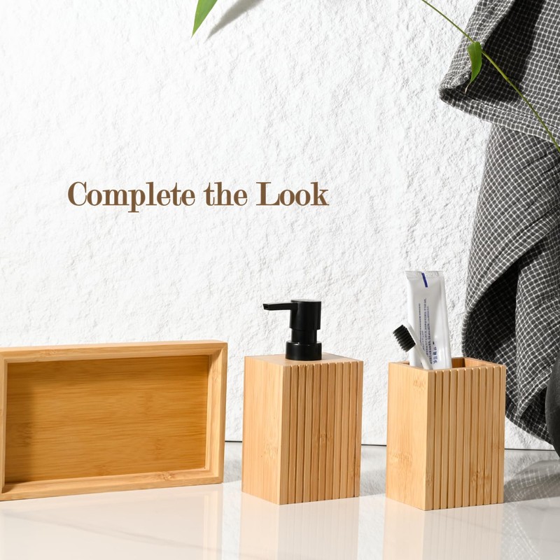 Natural Bamboo Toothbrush Holder for Bathroom, Fluted Square Bamboo Toothbrush