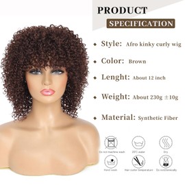 Fulang Hair Short Curly Dark Brown Wigs for Black Women Afro Curly Wigs for Black Women Synthetic Wigs with Bangs Kinky Curly Wigs