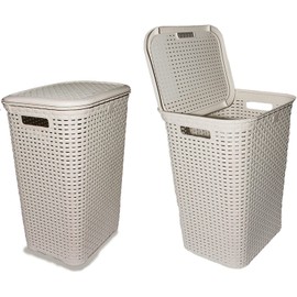 Elly Décor Set 2 Rattan 12 gallons Tall Plastic Laundry Hamper, Laundry Basket with Cutout Handles, Washing Bin, Dirty Clothes Storage, Bathroom, Bedroom, Closet, 48 lts White