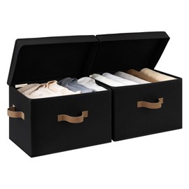 StorageWorks Fabric Storage Bins with Lid, Decorative Storage Boxes for Shelves, Stackable Closet Organizer Basket with Handles, Large, Black, 2-Pack