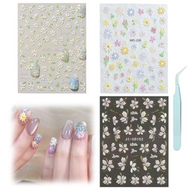NHQZ 3 Blatt Nagelsticker Selbstklebend 5D Frühling Sommer Blumen Nagel Sticker nagelsticker kinder Zubehör DIY für Damen Mädchen Nagelkunst Dekoration,Mit grüner Pinzette