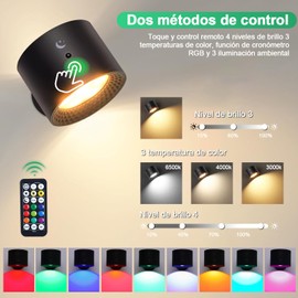 Lámpara de pared con fuente luz UP&Down, Aplique de Pared Interior, Recargables, Luces LED y RGB, Led Wall Sconce Con Control Táctil y Remoto, 360° rotación (Negro, 2 piezas)