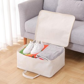 Clothes Storage Bag, 19 x 9 x 16 inches, 42L, Cotton and Linen Closet Organizer Tote Foldable Container for Comforter Blanket, Quilt, Sweater, Smooth Dual Zipper, 2 Carrying Handles, Beige, 1 Pack