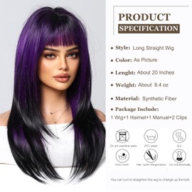 Esmee Long Straight Purple Wigs for Women with Fringe Natural Synthetic Hair Ombre Wig for Daily & Party Use