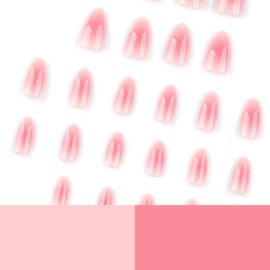 KQueenest Blush Pink Press on Nails Short Almond, French Tip False Nails Almond, Gradient Nude Pink Fake Nails Press ons, Perfectly Fit, Reusable Gel Stick on Nail for Women Daily Wear, 24 Pcs