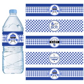 24PCS BBQ Baby Shower Water Bottle Labels, Barbecue Baby Shower Waterproof Self Adhesive Water Bottle Labels for Cookout BBQ Babyq Shower Decorations Boy Blue