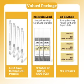 deli Mechanical Pencil Set, 0.5mm 4 PCS Drafting Mechanical Pencils with 300 HB Leads & 3 Erasers, School Supplies for Art, Drafting, Writing, Students