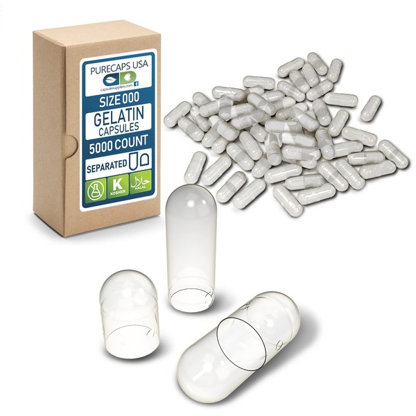 Purecaps USA - Size 000 Empty Clear Gelatin Pill Capsules - Fast Dissolving and Easily Digestible - Preservative Free with Natural Ingredients - (5,000 Separated Capsules)