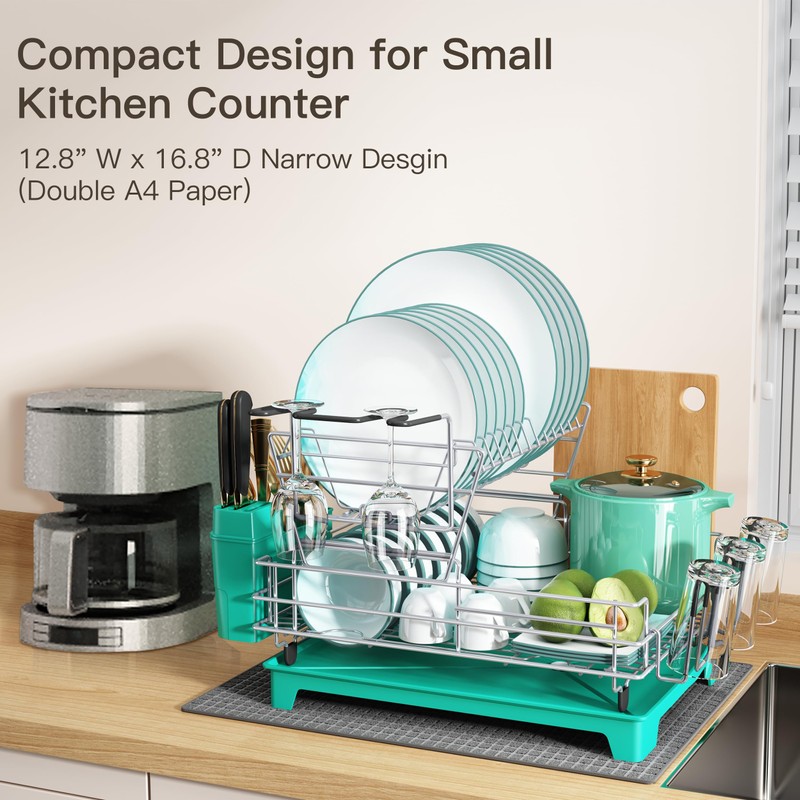BOOSINY 2 Tier Turquoise Large Stainless Steel Dish Drainers Drying