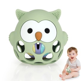 Zikenis Teething Ring Baby Toy, Montessori Toy Baby, Grasping Ball for Babies, BPA-Free Teething and Grasping Toy for Senses and Chew Development, Baby Gift for Babies from 3-18 Months (Olive Green)