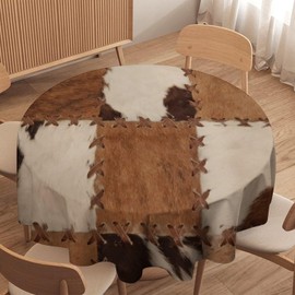 Kurtect Cow Skin Tablecloth,Vintage Rustic Western Wild Animal Brown and White Cowhide Print Table Cover for Dining Room Kitchen Party Decoration Tablecloths Round 36in