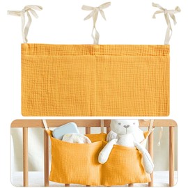 Baby Bed Organiser, Nursery Hanging Bed Organiser with 2 Pockets, Organiser Side Cot Baby, Bed Bag, Toy Bag, Storage Bags for Beds, for Nappies, Clothes, Toys (Yellow)