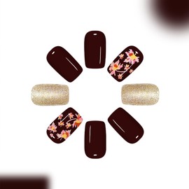 Fall Press on Nails Medium Square Fake Nails with Designs Maple Leaf Sick on Nail Bling Sequins Acrylic False Nail Wine Red Artificial Nail Glitter Full Cover Glue on Nails for Women