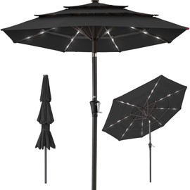 Best Choice Products 10ft 3-Tier Solar Patio Umbrella, Outdoor Market Sun Shade for Backyard, Deck, Poolside w/ 24 LED Lights, Tilt Adjustment, Easy Crank, 8 Ribs - Black