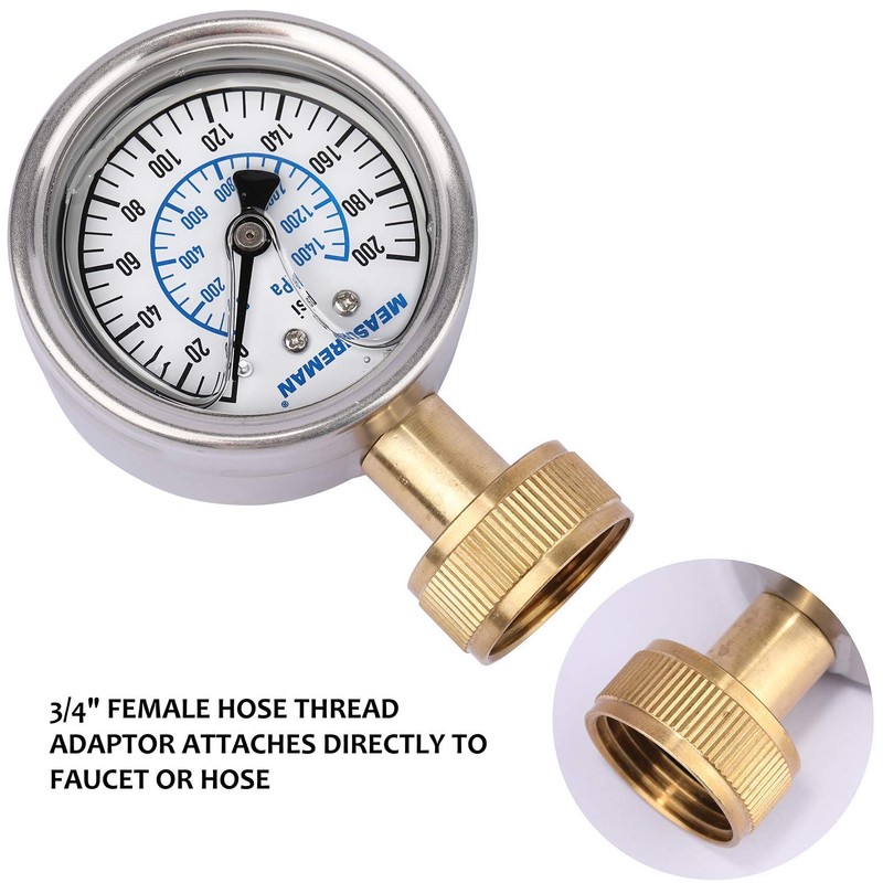 MEASUREMAN 2-1/2" Glycerin Filled Stainless Steel Water Pressure Test Gauge,