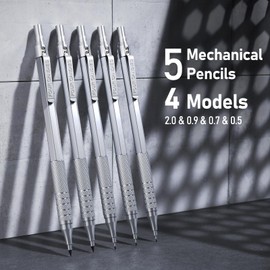 Four Candies Metal Mechanical Pencil Set, 3PCS Art Drafting Pencils 0.5, 0.7, 0.9MM & 2PCS 2MM Mechanical Drawing Pencils with 420PCS Leads (4B 2B HB 2H Color) for Writing Sketching Drawing (Silver)