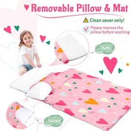 55"x22"x3" Nap Mat with Removable Pillow & Blanket, Kids Sleeping Bag with Reinforced Seams, Super Thick Padding Toddler Nap Mat for Daycare,Preschool,Kindergarten(Hearts)