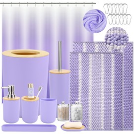 SLDIYWOW Purple Bathroom Accessories Set with Ombre Shower Curtain and No-Slip Bath Rugs,24PC Bath Sets with Trash Can, Toothbrush Holder, Cup, Soap Dispenser, Tray, Soap Dish,Toilet Brush,Qtip Holder