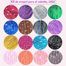 Kit de oropel para el cabello (48 pulgadas, 16 colores, 7800 hebras), extensiones de cabello de oropel de hada con herramientas, kit de oropel con pur
