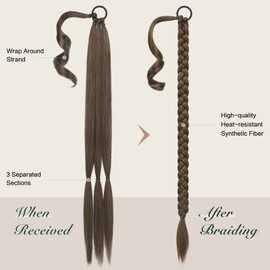 FESHFEN Braid Extensions Ponytail Extension with Scrunchie, Long Ponytail Braided Synthetic Hair, Brown Mixed Light Brown Hair Extension Braid Hairpiece for Women, 65 cm