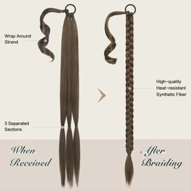 FESHFEN Braid Extensions Ponytail Extension with Scrunchie, Long Ponytail Braided Synthetic Hair, Brown Mixed Light Brown Hair Extension Braid Hairpiece for Women, 65 cm