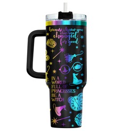 34HD Magical Witch Tumbler 40oz with Lid and Straw, Engraved Black Iridescent Galaxy Insulated Travel Coffee Cup - Pink Green Birthday Gift for Women, Fantasy Fans, Bookish & Musical Lovers