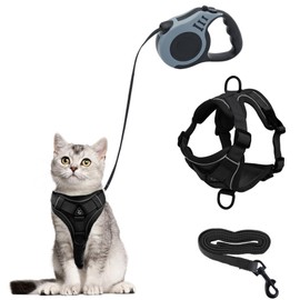 Cat Harness and Lead Set, Escape-Proof Kitten Harness with Retractable Cat Lead, 5m/16.4 Ft Automatic Extendable Cat Leash for Dogs Puppy Pets Walking (black, M)