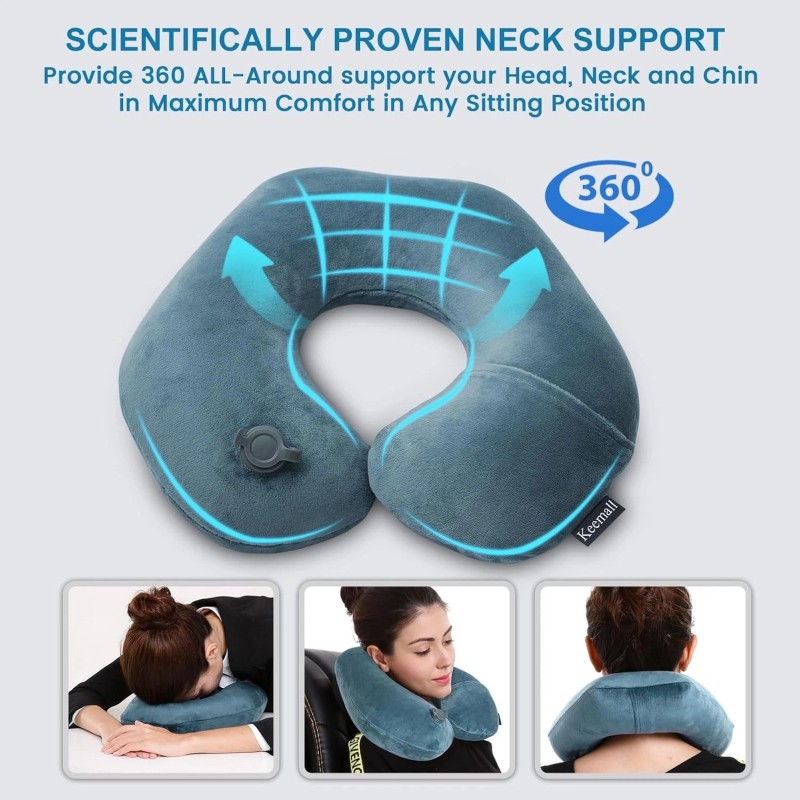 Keemall Inflatable Travel Neck Pillow for Airplane Train Car Washable