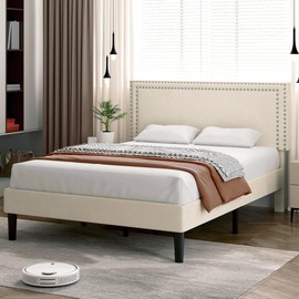 VECELO Full Size Bed Frame with Height Adjustable Upholstered Headboard, Wooden Slats Platform, Noise-Free Design, Easy Assembly