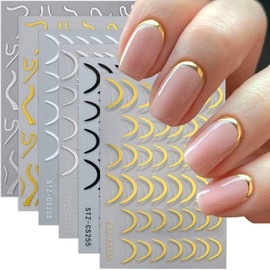 French Tip Nail Stickers for Nail Art, 6 Sheets Gold Sliver Stripe Wave Lines Nail Art Decals 3D Self-Adhesive French Nail Art Supplies Nail Design Decals for Women Manicure DIY Nail Decoration