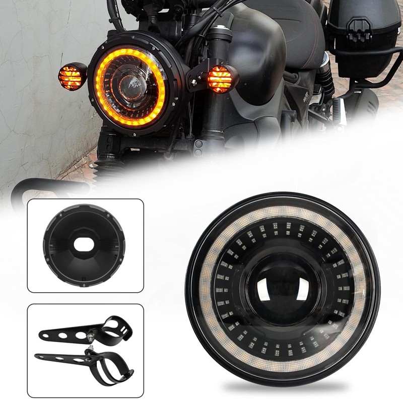 HARPUOU 7inch Flowing White/Amber DRL LED Motorcycle Start-up Headlight with