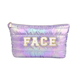Hiroyuki Iridescent Quilted Makeup Bag, Extra Large Cosmetic Bag, Large Capacity Cute Makeup Pouch (Face, purple2)