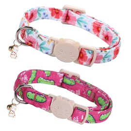 Elegant little tail 2 Pack Cat Collar-Spring Print Cotton Breakaway Cat Collars with Bell Pendant Kitten Boy Girl Safety Adjustable Collar for Small Cats Puppy