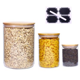 Set of 3 Glass Food Storage Containers with Bamboo Lids, Clear Glass Canisters Sets with Bamboo Lid, Airtight Kitchen Jars or Countertop (SET1)