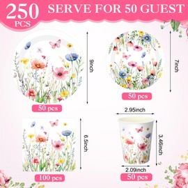 Ziliny 250 Pcs Floral Disposable Tableware Set Wildflower Disposable Paper Plates Vintage Floral Napkins and Cups for Wedding Tea Party Decoration Bridal Shower Baby Shower (Vivid Style)