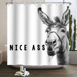 Canessioa Funny Donkey Shower Curtains Joke Hilarious Animal Bathroom Curtain Rustic Farmhouse Cute Donkey White Shower Curtain Sets for Bathroom Extra Long 60x72 in with 10 Hooks