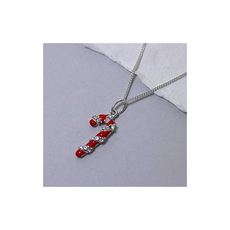 jewellerybox Sterling Silver Candy Cane CZ Red Necklace - 18